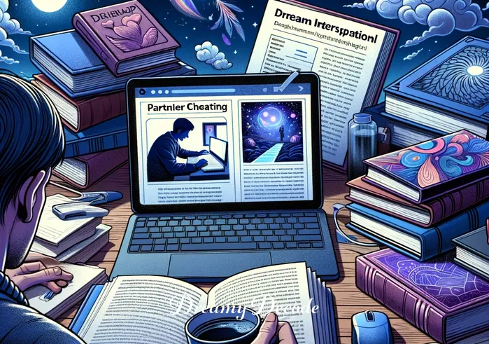 partner cheating dream meaning _ The same person now deeply engrossed in reading, with various dream interpretation resources spread out around them, including books and a laptop displaying a webpage on dream psychology, indicating a deeper exploration into the dream