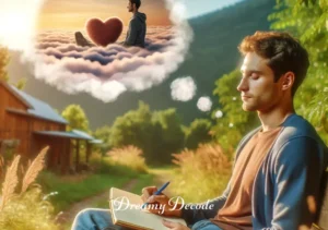 partner cheating dream meaning _ The final image shows the person in a peaceful outdoor setting, journaling and reflecting with a more relaxed and understanding expression, suggesting a resolution and acceptance of the dream's emotional impact.