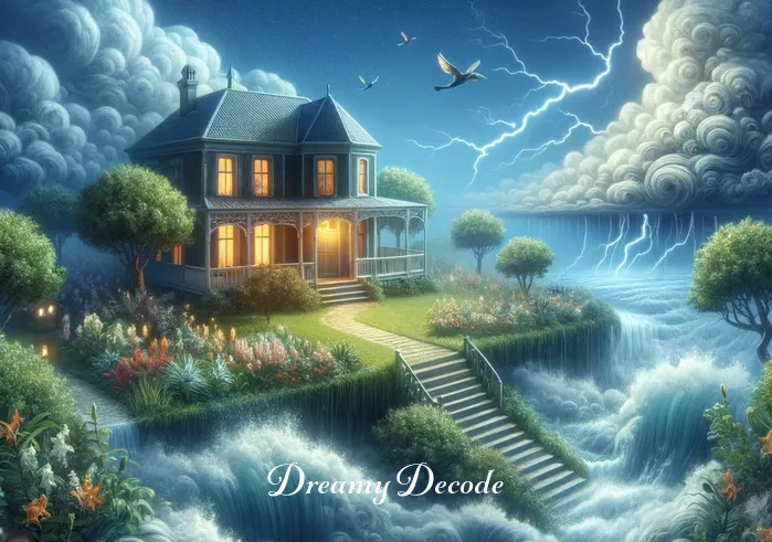 wife cheating dream meaning _ A dream sequence illustrating a peaceful garden, disrupted by a sudden storm, symbolizing turmoil and emotional upheaval in a dream where a spouse is unfaithful.