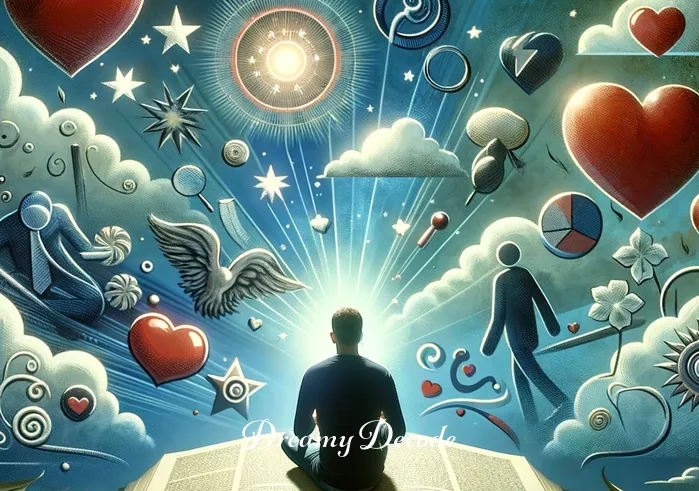 wife cheating dream meaning _ An image of a dreamer consulting a dream interpretation book, surrounded by various symbols like hearts and storm clouds, indicating the search for understanding and meaning behind the dream of infidelity.