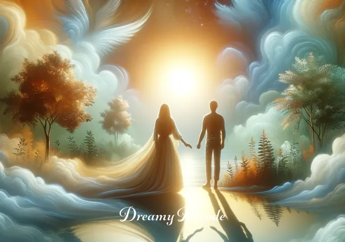 wife cheating dream meaning _ A serene scene of reconciliation and understanding, where the dreamer and their partner are depicted in a calm, sunlit setting, symbolizing resolution and emotional healing following a troubling dream about infidelity.