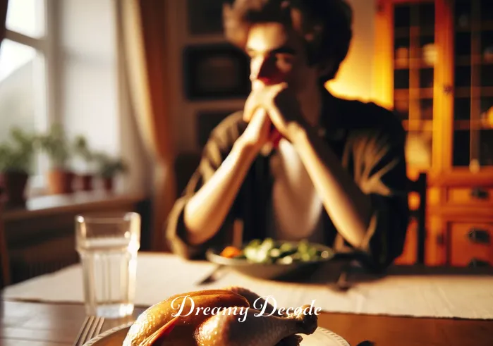 cooked chicken dream meaning _ The same person is now sitting at a dining table, looking pensive. In front of them, the cooked chicken is partially eaten, suggesting a sense of fulfillment and satisfaction. The dining room is warmly lit, creating a cozy atmosphere that signifies comfort and contentment.
