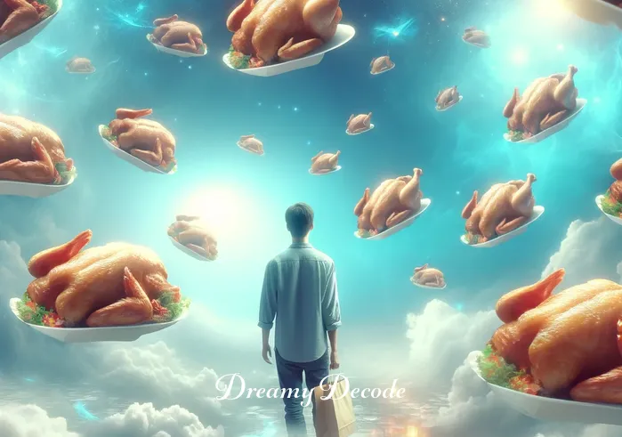 cooked chicken dream meaning _ The scene shifts to a dream-like setting where the person is surrounded by floating images of cooked chickens, symbolizing prosperity and good fortune. The background is a soft, ethereal blue, giving a sense of peace and tranquility. The person