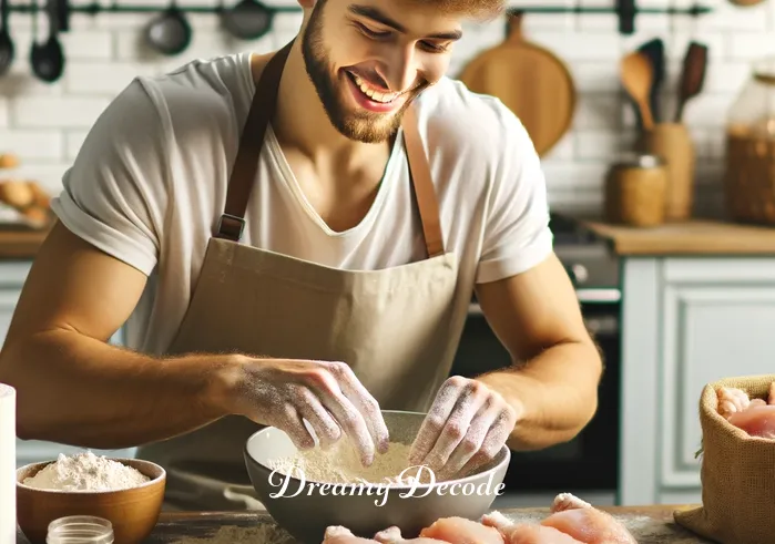 fried chicken dream meaning _ A person in a kitchen, smiling as they carefully coat raw chicken pieces in a bowl of seasoned flour, symbolizing the initial step of preparation in a dream about making fried chicken. This scene conveys a sense of anticipation and readiness, reflecting the beginning of a new venture or project as interpreted in dream symbolism.