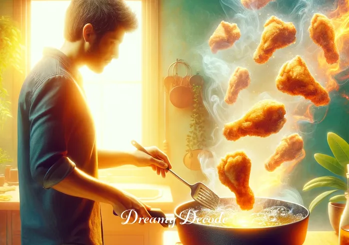 fried chicken dream meaning _ The same person now standing in front of a sizzling frying pan, gently placing the flour-coated chicken into the hot oil. The golden bubbles around the chicken pieces illustrate the process of transformation and development, a metaphor for personal growth or change in dream analysis.