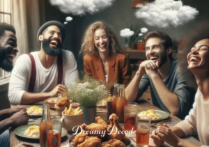 fried chicken dream meaning _ The final scene shows a group of diverse friends gathered around a dining table, laughing and sharing the freshly made fried chicken. This image symbolizes the culmination of hard work and the joy of sharing success with others, often interpreted in dreams as a reflection of community and shared happiness.