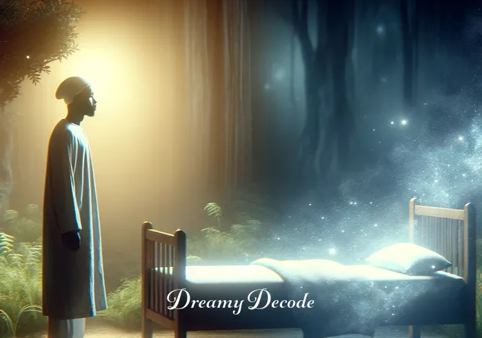 burning child dream meaning _ A dreamer standing in a peaceful, dimly lit room, looking concernedly at a child