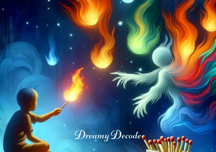 burning child dream meaning _ The dreamer witnessing a child playing with matches in a dream, portrayed in a safe and abstract manner, with colorful, whimsical flames that are not threatening or scary.