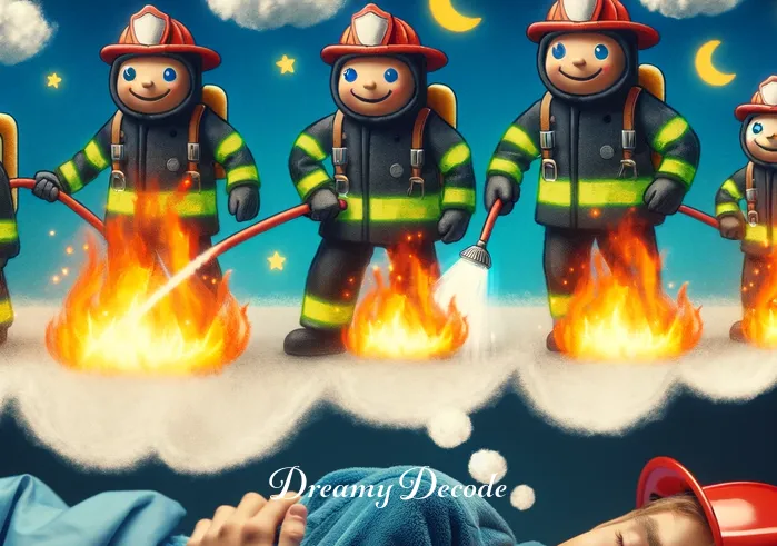 burning child dream meaning _ The dreamer in a dream, watching firefighters in bright, cartoonish uniforms safely extinguishing small, non-threatening flames around the child, who is unharmed and smiling.