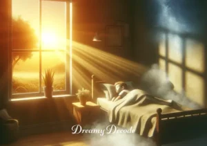 burning child dream meaning _ The dreamer waking up in a peaceful room, relieved, as the morning sun shines through the window, casting a warm, comforting light over the previously empty child's bed, now shown to be just a normal, unburned bed.