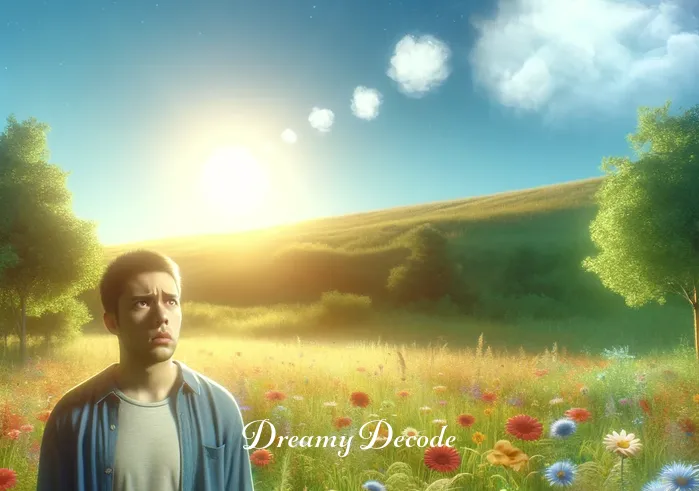 dream meaning finding a lost child _ A dreamer stands in a sunlit, peaceful meadow, looking puzzled and concerned, symbolizing the initial realization of a lost child. The surrounding landscape is serene, with colorful flowers and a clear blue sky, reflecting the dreamer