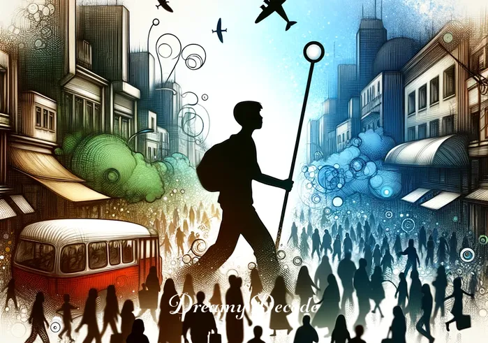 dream meaning finding a lost child _ The dreamer, depicted as a silhouette, navigates through a bustling, crowded street, representing the search for the lost child. The street is filled with diverse people going about their daily lives, unaware of the dreamer