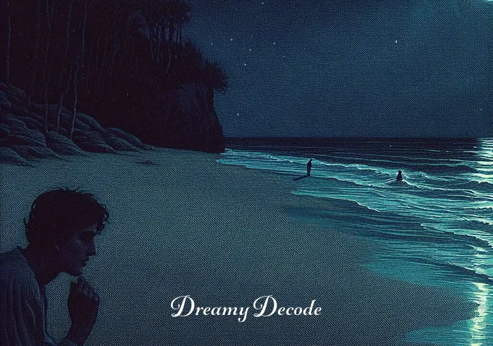 dream meaning finding a lost child _ A tranquil, moonlit beach scene where the dreamer, now with an expression of hope, spots a small, distant figure near the shoreline. The contrast of the dark night and the gentle moonlight mirrors the dreamer