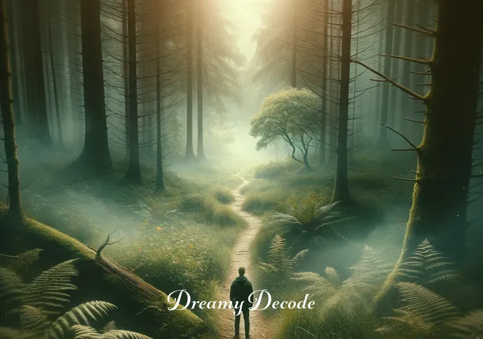 finding a lost child dream meaning _ A dream vision showing the dreamer discovering a small, hidden pathway in the forest. The path is narrow and overgrown, leading deeper into the woods. The atmosphere is mysterious yet inviting, as if guiding the dreamer towards something important.