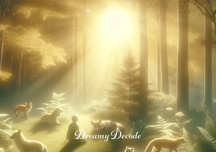 finding a lost child dream meaning _ The dreamer, in the depths of the forest, finds a clearing bathed in soft, golden sunlight. In the center, a young child is playing peacefully, surrounded by gentle woodland creatures. The dreamer