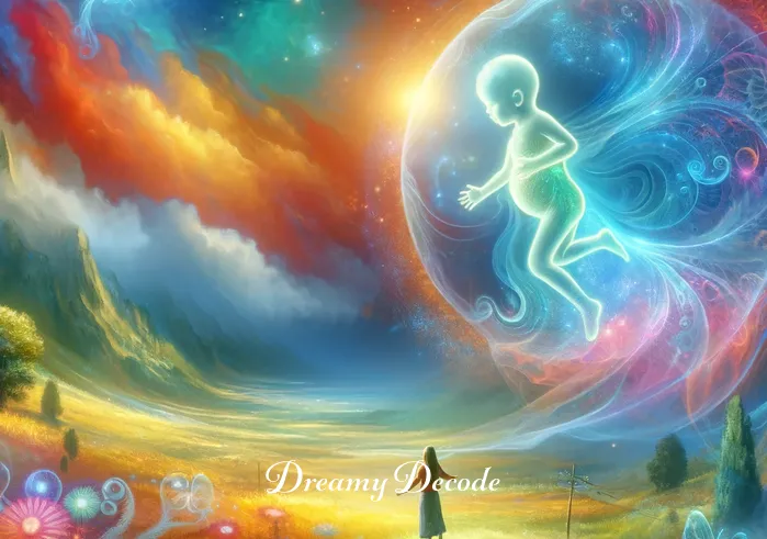 seeing your unborn child in a dream meaning _ A pregnant person peacefully sleeping under a starry night sky, with a soft glow surrounding their abdomen, symbolizing the presence of an unborn child in their dream.
