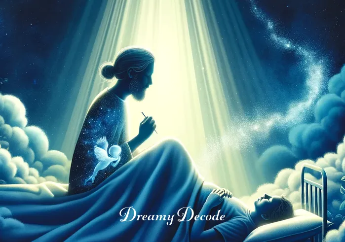 seeing your unborn child in a dream meaning _ The same sleeping individual, now smiling slightly, as a gentle and ethereal vision of a baby appears in a bubble-like dream cloud above them, surrounded by a soft, warm light.