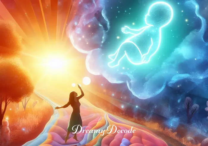 seeing your unborn child in a dream meaning _ Transition to the dream itself, showing a colorful, serene landscape with the dreamer interacting joyfully with a transparent, radiant figure of a child, representing the unborn baby in the dream.