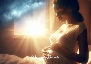 seeing your unborn child in a dream meaning _ The final scene depicts the dreamer waking up, holding their belly tenderly, with a look of love and wonderment on their face, as morning light filters through the window, symbolizing hope and connection with the unborn child.