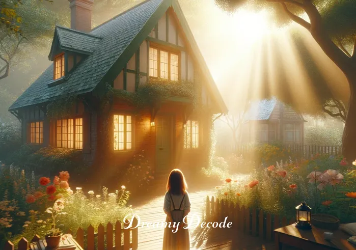 childhood home dream meaning _ A dreamer stands before a quaint, sunlit childhood home, surrounded by a lush garden. The home exudes warmth and nostalgia, reflecting memories of innocence and comfort. A gentle breeze rustles the leaves, adding to the serene atmosphere.
