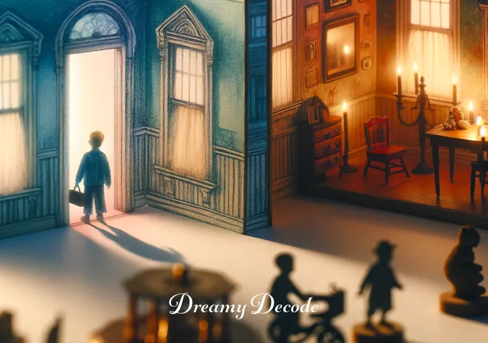 childhood home dream meaning _ The scene shifts to the dreamer inside the house, wandering through familiar yet slightly altered rooms. Each room is bathed in soft light, revealing old toys and photographs, evoking feelings of longing and reflection on past joys and challenges.