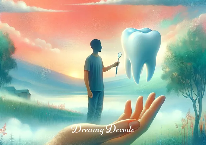 dream meaning of pulling your own teeth out in christianity _ A dream-like illustration shows the person standing in a tranquil, misty landscape, with a surreal image of a tooth gently floating away from their open hand. The background is a serene blend of soft colors, and the person
