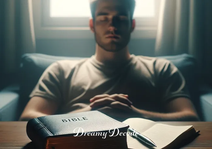 dream meaning of pulling your own teeth out in christianity _ The final scene returns to the room, where the person now appears peaceful and relieved, with the journal closed and the pen set aside. The open Bible is more prominently featured, symbolizing a sense of resolution or enlightenment gained from the introspective journey.