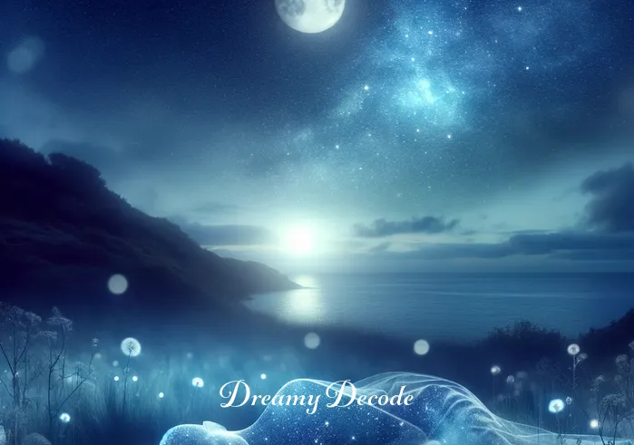 spiritual meaning of making love in dream in christianity _ A serene, moonlit landscape with a dreamy ambiance. In the foreground, a transparent, ethereal figure sleeps peacefully under a twinkling night sky, symbolizing the onset of a dream in a tranquil setting.