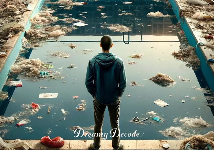 cleaning a swimming pool dream meaning _ A vivid dream illustration of someone standing at the edge of a dirty swimming pool, looking contemplative. The pool is filled with murky water and floating debris, symbolizing confusion or emotional turmoil. The dreamer