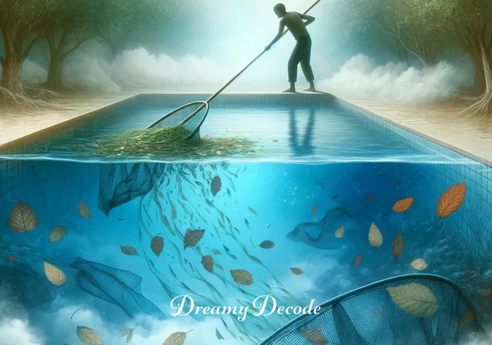 cleaning a swimming pool dream meaning _ A dream image showing the same person now actively scooping leaves and debris from the swimming pool with a long-handled net. This action represents the dreamer