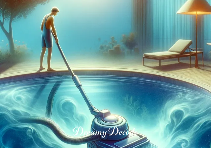 cleaning a swimming pool dream meaning _ The third scene in the dream sequence depicts the person using a pool vacuum to clean the bottom of the pool. The water is clearer now, symbolizing the dreamer