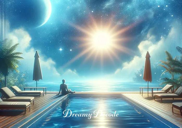 cleaning a swimming pool dream meaning _ The final dream image shows the swimming pool completely clean and sparkling under a bright, sunny sky. The person sits comfortably by the poolside, looking relaxed and satisfied. This represents the dreamer's successful resolution of emotional or mental challenges, leading to a sense of peace and fulfillment.