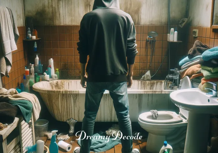 cleaning dirty bathroom dream meaning _ A person standing in front of a cluttered and dirty bathroom, looking overwhelmed. The bathroom has a stained bathtub, a grimy sink, and a dirty floor covered with towels and toiletries.