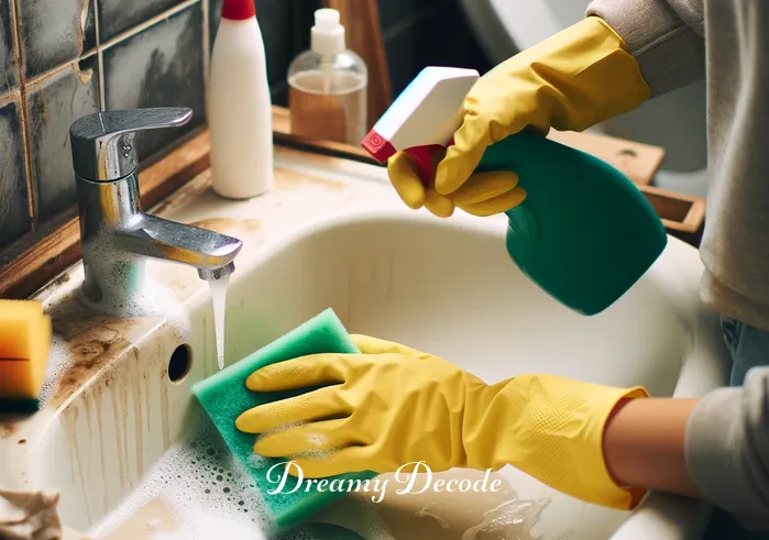 cleaning dirty bathroom dream meaning _ The same person wearing gloves, holding a bottle of cleaning spray, and scrubbing the bathroom sink with a sponge. The sink is beginning to look cleaner, and a small pile of dirt and grime is visible on the sponge.