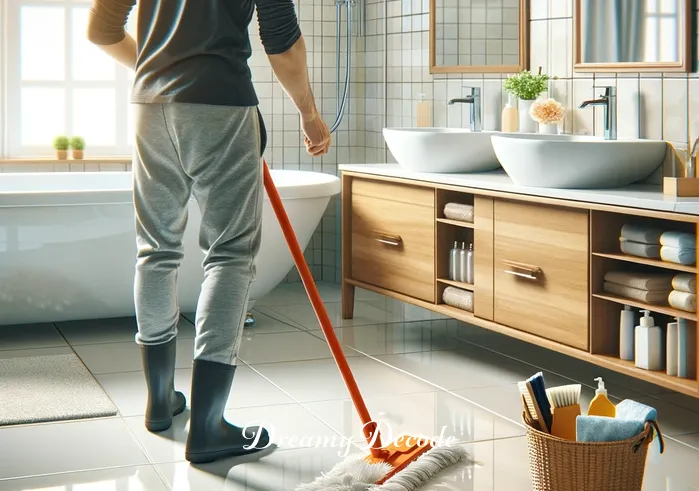 cleaning dirty bathroom dream meaning _ The bathroom now appears significantly cleaner. The person is mopping the floor, and the tiles are shining. The bathtub and sink are spotless, and the clutter has been organized neatly.