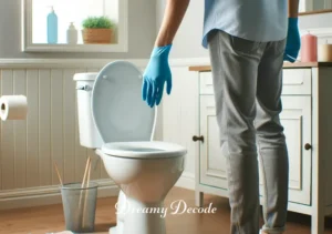 cleaning dirty toilet in dream meaning _ A sparkling clean toilet with no visible stains, and the person standing beside it, removing their gloves, looking satisfied and relieved. The bathroom is well-lit and gives a sense of cleanliness and accomplishment.