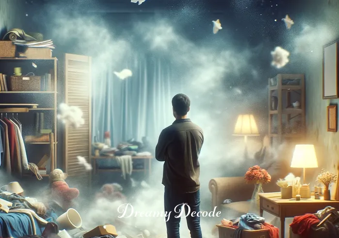 cleaning house dream meaning _ A person stands in a cluttered room, looking overwhelmed. Around them are scattered items such as books, clothes, and dishes. The room is dimly lit, and dust particles are visible in the air, symbolizing the beginning of a cleaning process in a dream.