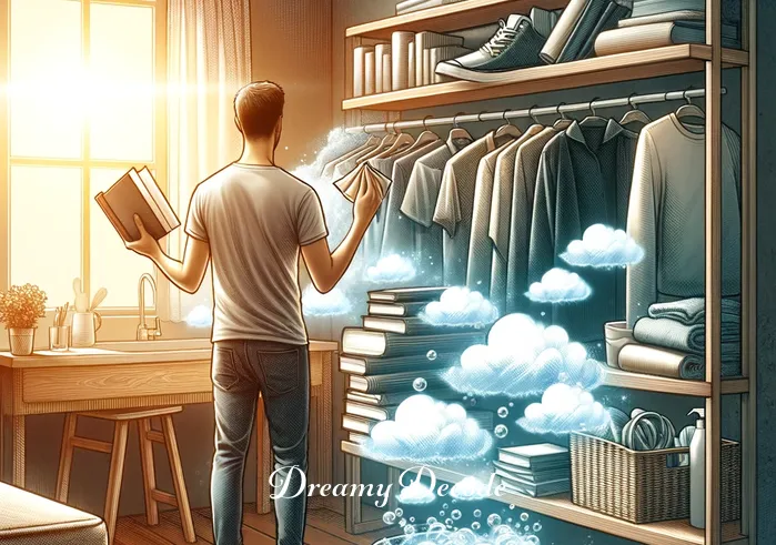 cleaning house dream meaning _ The same room now shows signs of progress. The person is organizing books onto a shelf, folding clothes, and washing dishes. Sunlight streams through a window, casting a warm glow and highlighting the cleaner environment, representing the ongoing effort in the dream cleaning process.