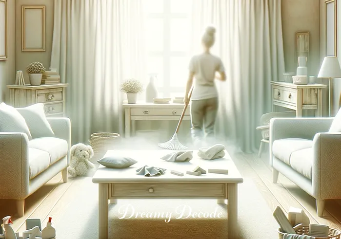 cleaning house dream meaning _ The room is now tidy and almost spotless. The person looks satisfied, wiping the last bit of dust from a table. The room is bright and airy, with all items neatly placed, symbolizing nearing the end of the cleaning journey in the dream.