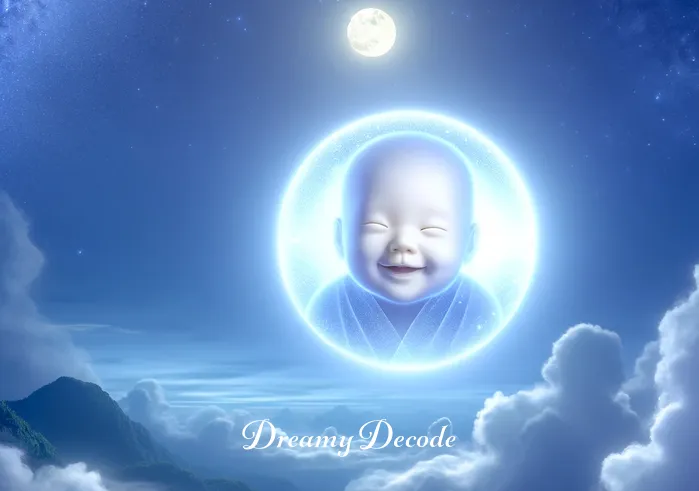 baby in dream spiritual meaning _ A serene night sky with twinkling stars and a luminous full moon. In the center, a transparent, ethereal image of a smiling baby floats gently, surrounded by a soft, glowing aura, symbolizing a peaceful and spiritual presence in a dream.