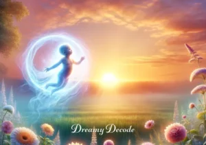 baby in dream spiritual meaning _ A final scene depicting a sunrise over a tranquil field. The ethereal baby, surrounded by a circle of blooming flowers, reaches out towards the rising sun, illustrating the culmination of spiritual growth and enlightenment inspired by the baby in the dream.
