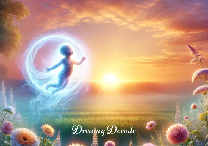 baby in dream spiritual meaning _ A final scene depicting a sunrise over a tranquil field. The ethereal baby, surrounded by a circle of blooming flowers, reaches out towards the rising sun, illustrating the culmination of spiritual growth and enlightenment inspired by the baby in the dream.