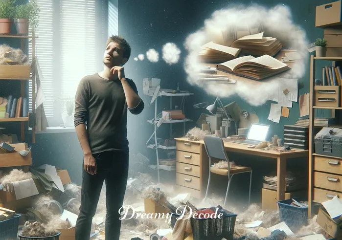 dream meaning cleaning _ A dreamer stands in a cluttered room, overwhelmed by the mess. Dust and scattered objects cover the floor, and unorganized books and papers pile up on a desk. The dreamer