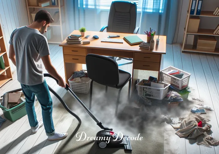 dream meaning cleaning _ Now, the room appears significantly tidier. The dreamer is vacuuming the carpet, and the once dusty floor is now clean and clear of debris. The organized desk and shelves show the dreamer