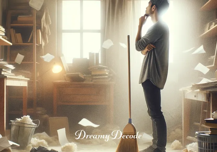 dream meaning cleaning floor _ A person standing in a cluttered, dusty room, looking around with a contemplative expression. They hold a broom and dustpan, symbolizing the beginning of a cleaning process. The room is filled with scattered papers, books, and various small items, suggesting a need for order and cleanliness.
