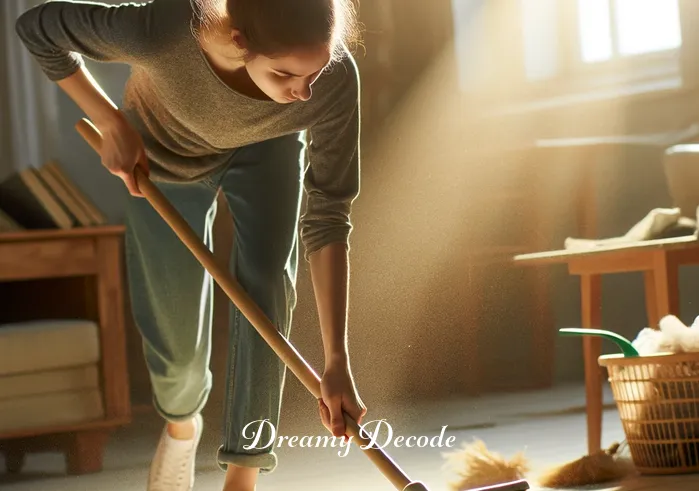dream meaning cleaning floor _ The same person now actively sweeping the floor with the broom, gathering dust and small debris. The expression on their face is one of determination and focus. The sunlight streams through a window, highlighting the dust particles in the air and the cleaner areas on the floor.
