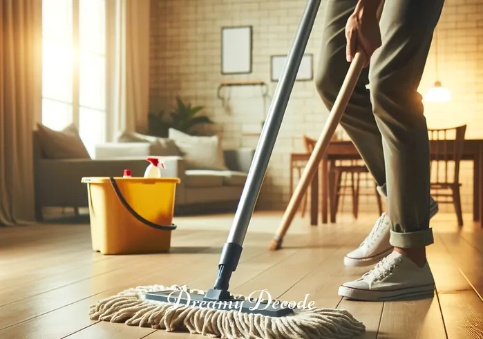 dream meaning cleaning floor _ The individual is now mopping the floor with a wet mop, the previously dusty floor now appearing clean and shiny. The person