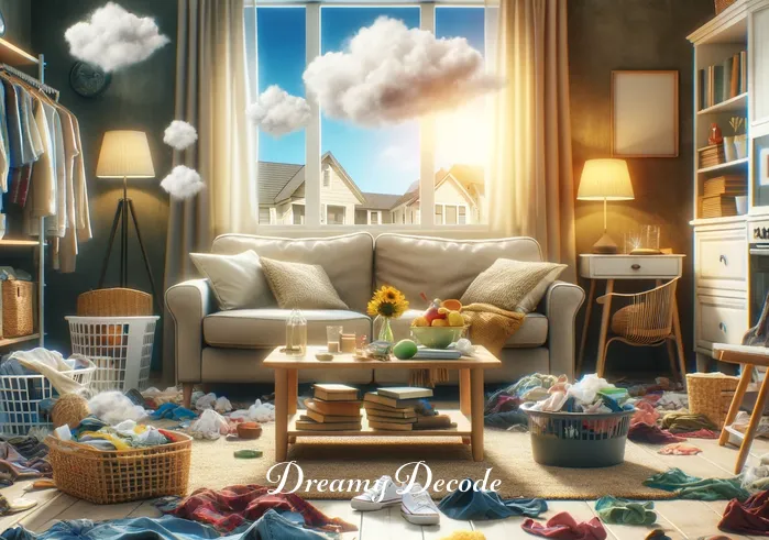 dream meaning cleaning house _ A person standing in a cluttered living room, looking overwhelmed. There are scattered clothes, books, and dishes everywhere, symbolizing the chaos before the cleaning process begins in a dream about house cleaning.