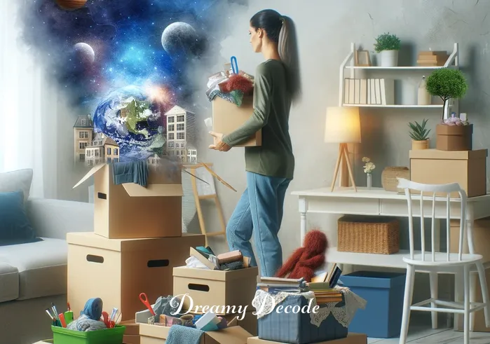 dream meaning cleaning house _ The same room now partially organized, with the person picking up items and placing them in boxes and bags. This image represents the active process of cleaning and organizing in the dream, signifying order being restored.