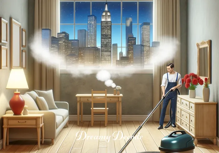 dream meaning cleaning house _ The room appears much tidier, with the person vacuuming the clean floor. This step symbolizes the thorough cleaning and removal of lingering issues or problems, as interpreted in the dream.